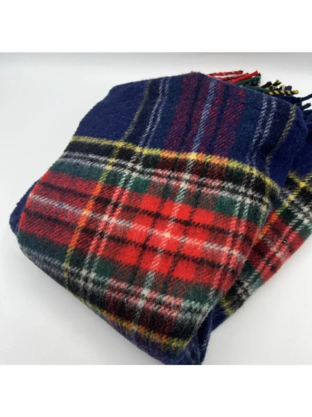Vintage Browns of Bermuda Wool Throw Blanket Blue Red Plaid Fringe